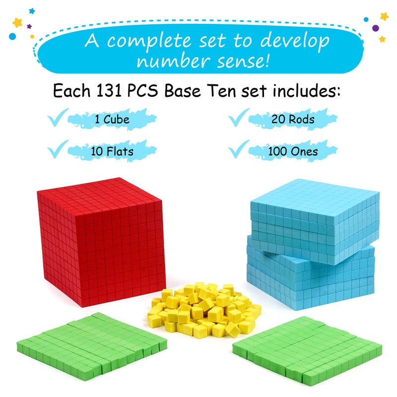 Simply magic 131 PCS Foam Base Ten Blocks for Math - Place Value Blocks, Base 10 Math Manipulatives K-3, Math Counters, Number Blocks, Math Cubes, Counting Blocks - Kindergarten 1st 2nd 3rd Grade - Image 3